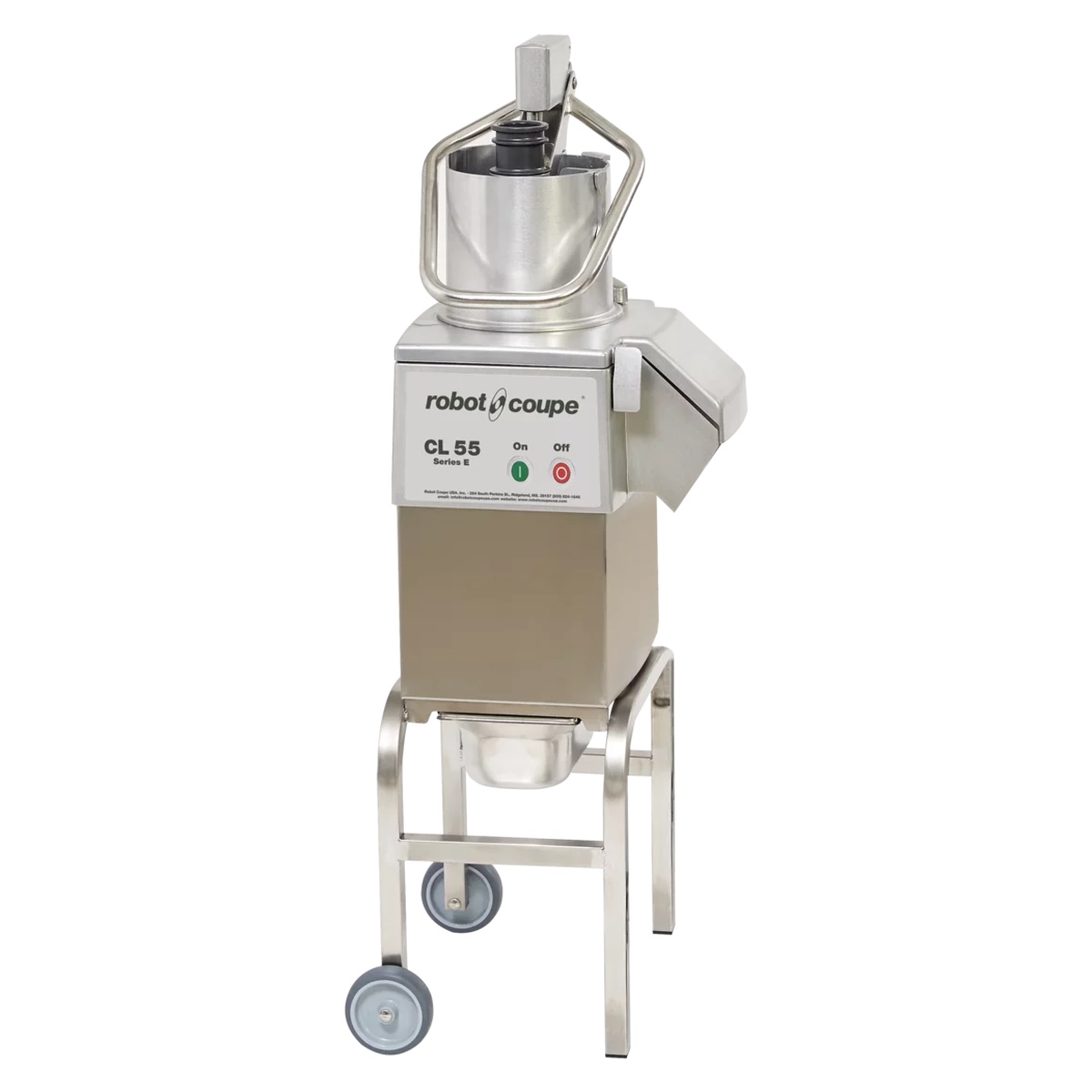 Robot Coupe CL55E floor standing continuous feed food processor with mobile stand and dual hopper system