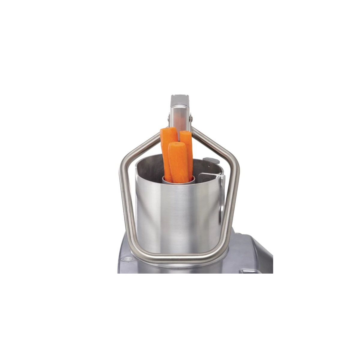 Close-up of Robot Coupe dual hopper system with carrots being fed through round hopper
