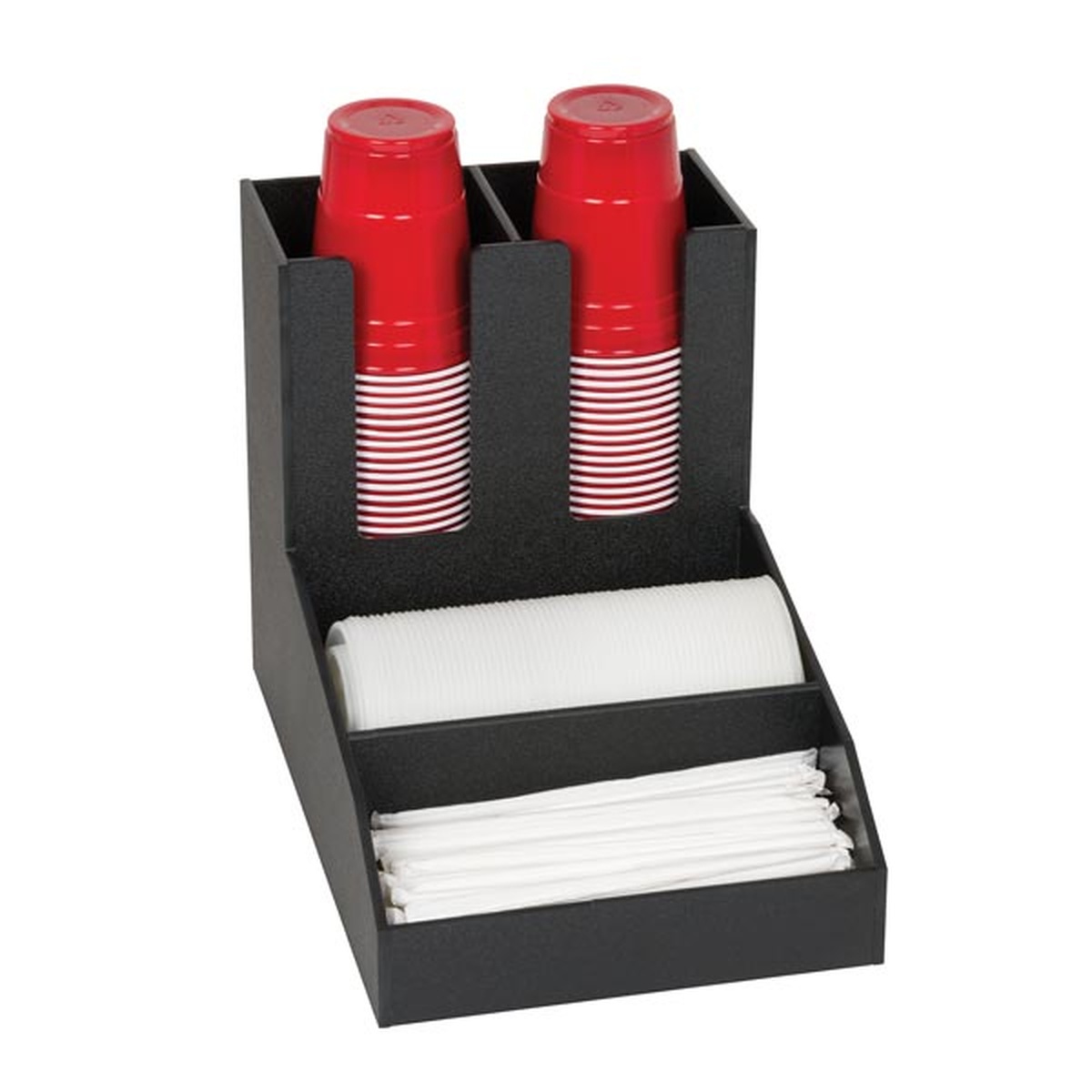 Dispense-Rite CLCO-2BT black polystyrene 4-compartment countertop organizer holding red cups, lids, and straws