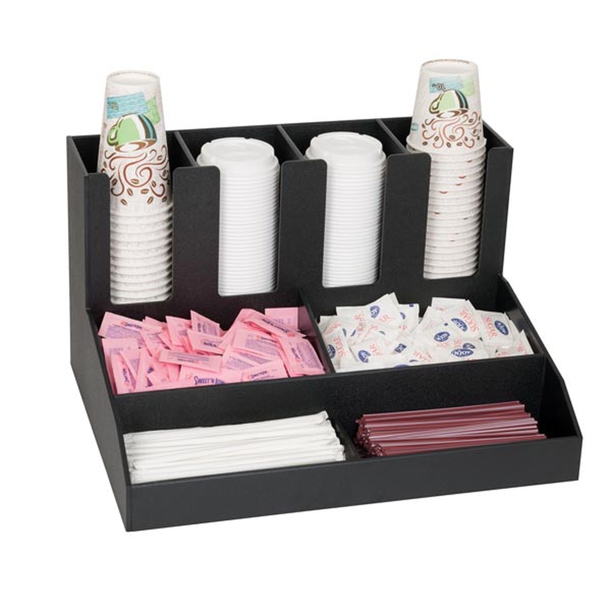 Dispense-Rite CLCO-4BT black polystyrene countertop organizer filled with cups, lids, sugar packets, and straws