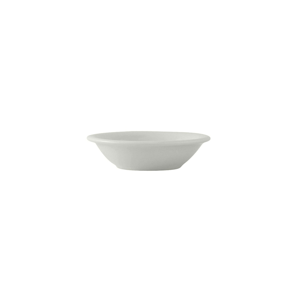 Tuxton CLD-046 porcelain white round fruit dish, side profile view on white background