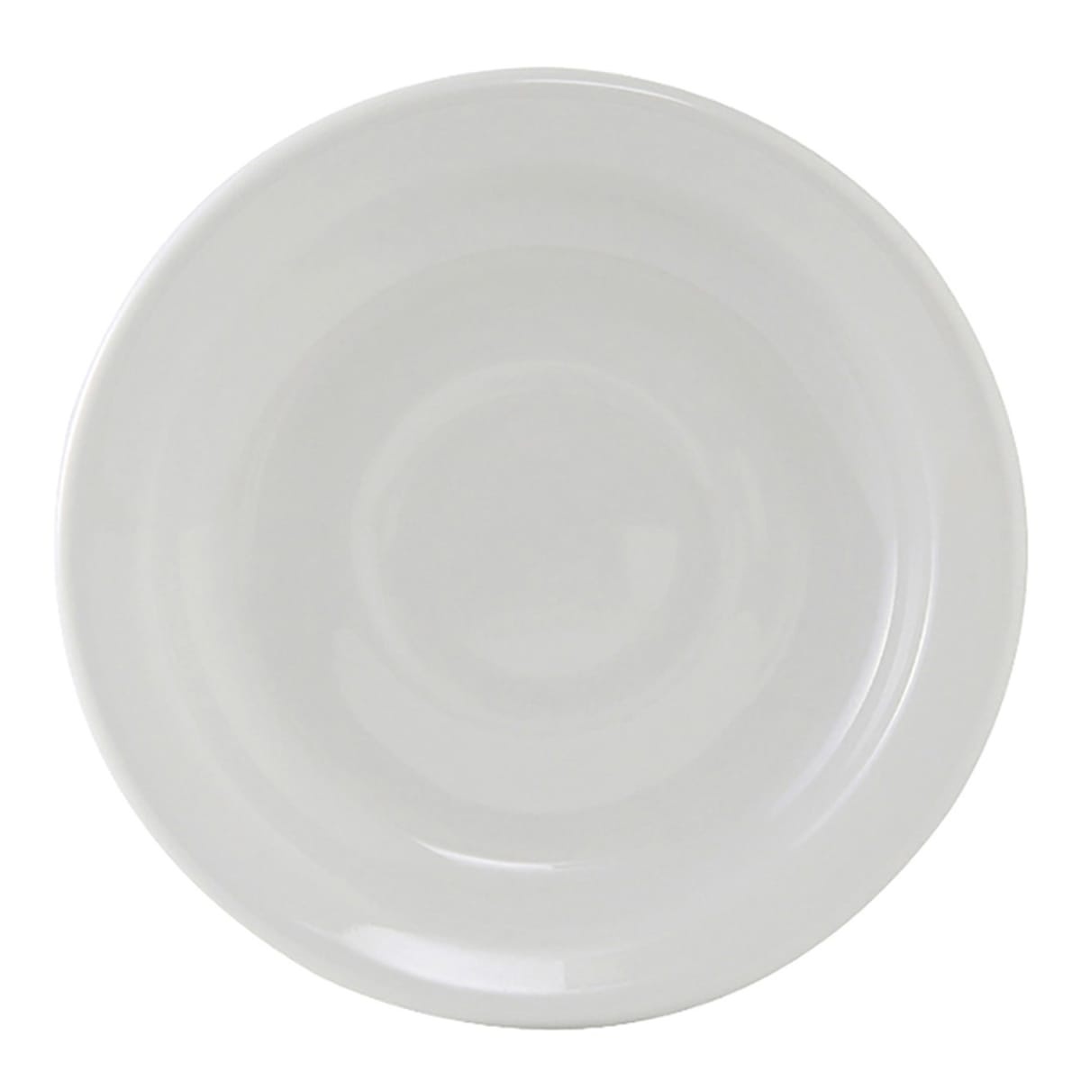 Tuxton CLE-057 5-7/8 inch round porcelain white china saucer, top-down view showing concentric well detail