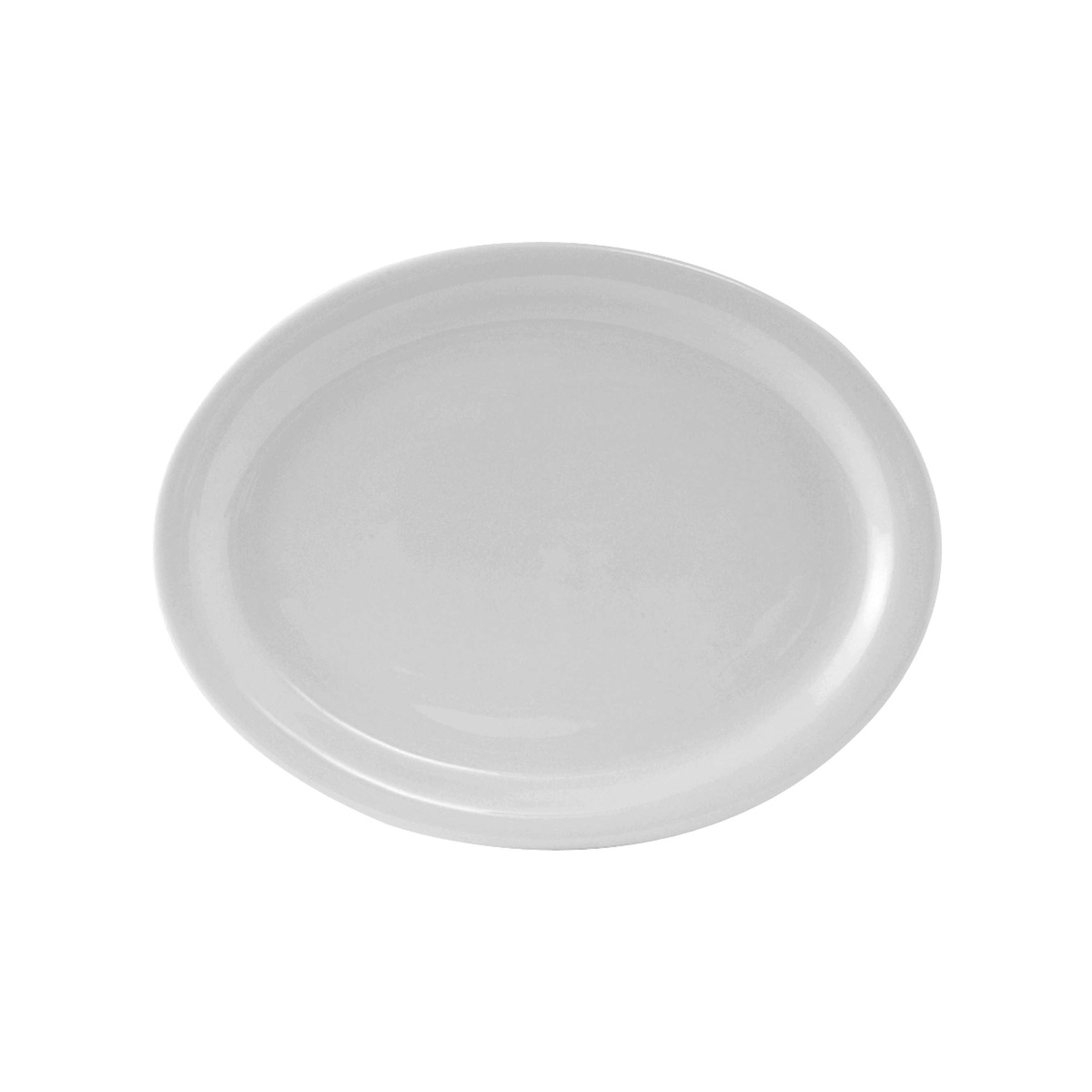Tuxton CLH-114 Colorado 11-1/8 x 8-5/8 inch porcelain white oval platter with narrow rim, top angle view