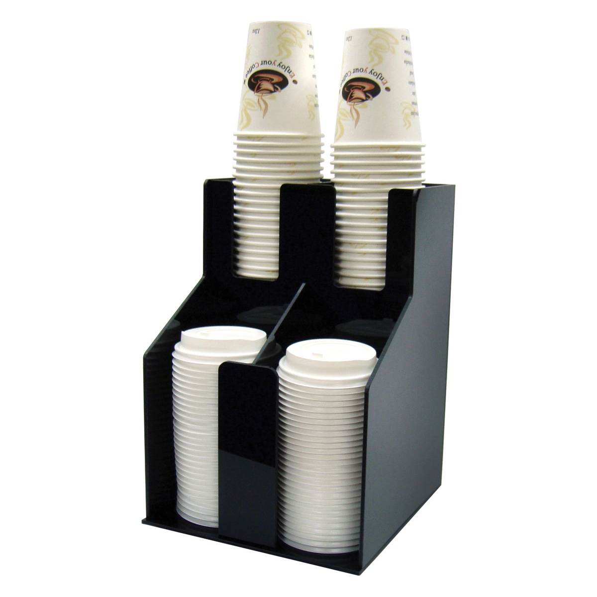 Winco CLO-2D cup and lid organizer loaded with paper cups on top tier and white lids on bottom tier