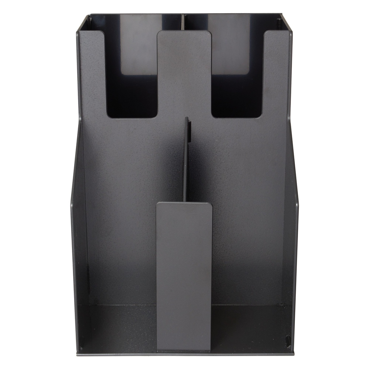 Front view of empty Winco CLO-2D black ABS plastic cup and lid organizer showing divider slots