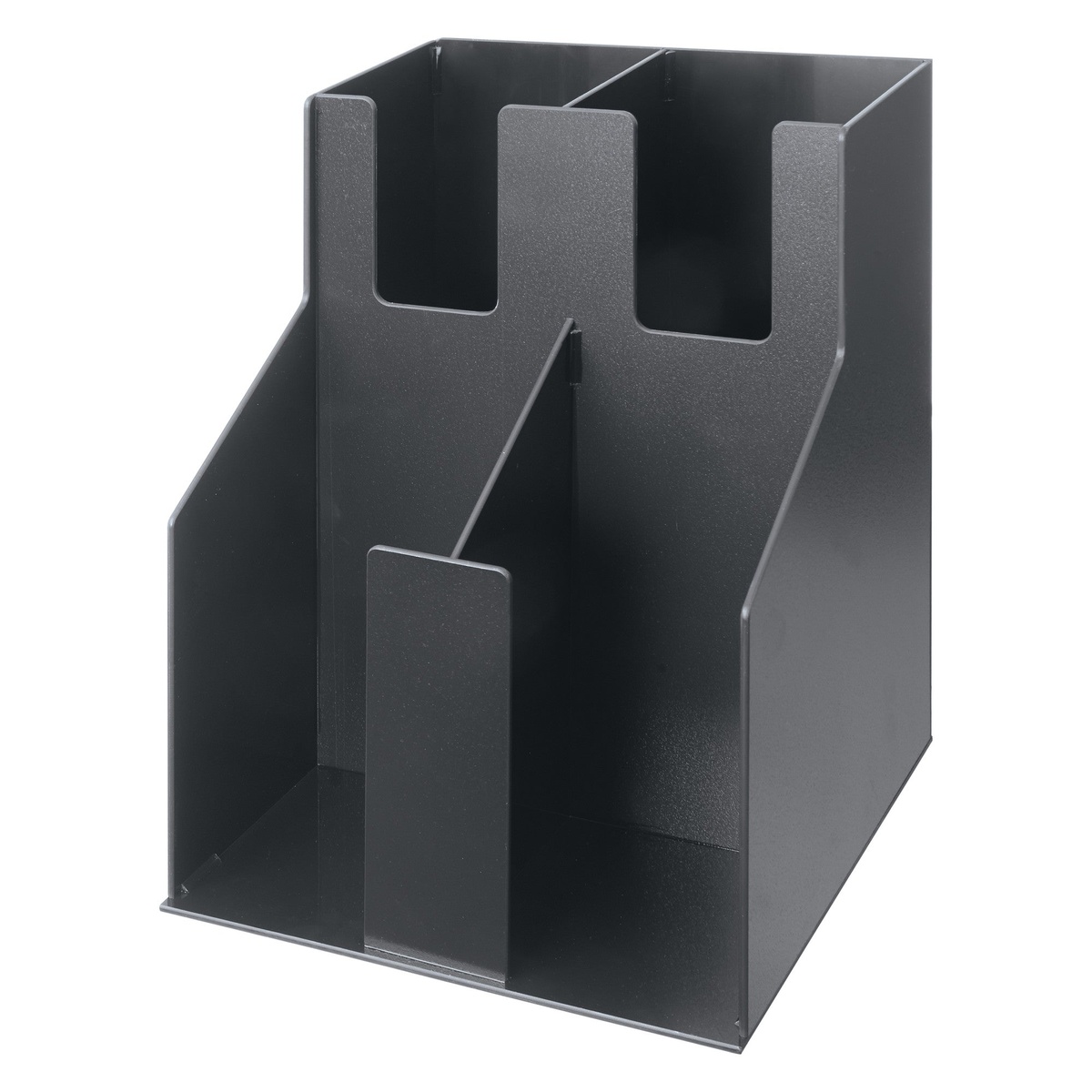 Angled view of empty Winco CLO-2D black ABS plastic cup and lid organizer showing two-tier stepped profile