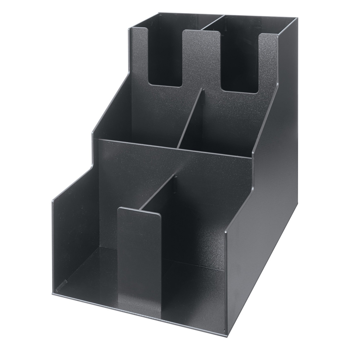 Angled view of the empty Winco CLSO-2T black ABS plastic cup and lid organizer showing tiered compartment structure