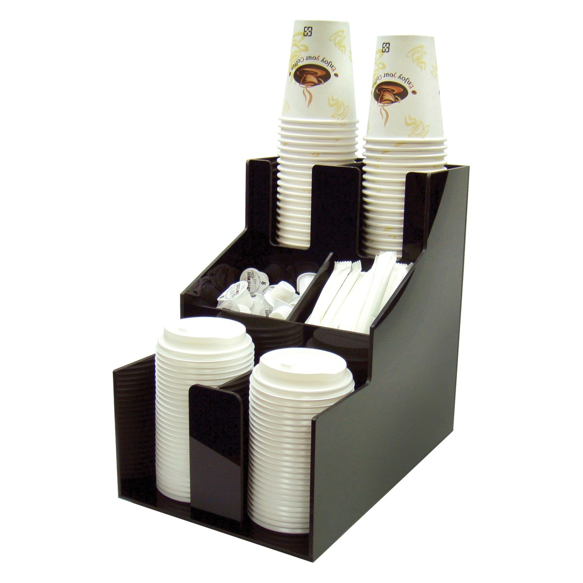 Winco CLSO-2T cup and lid organizer loaded with stacked paper cups, lids, stirrers, and condiment packets