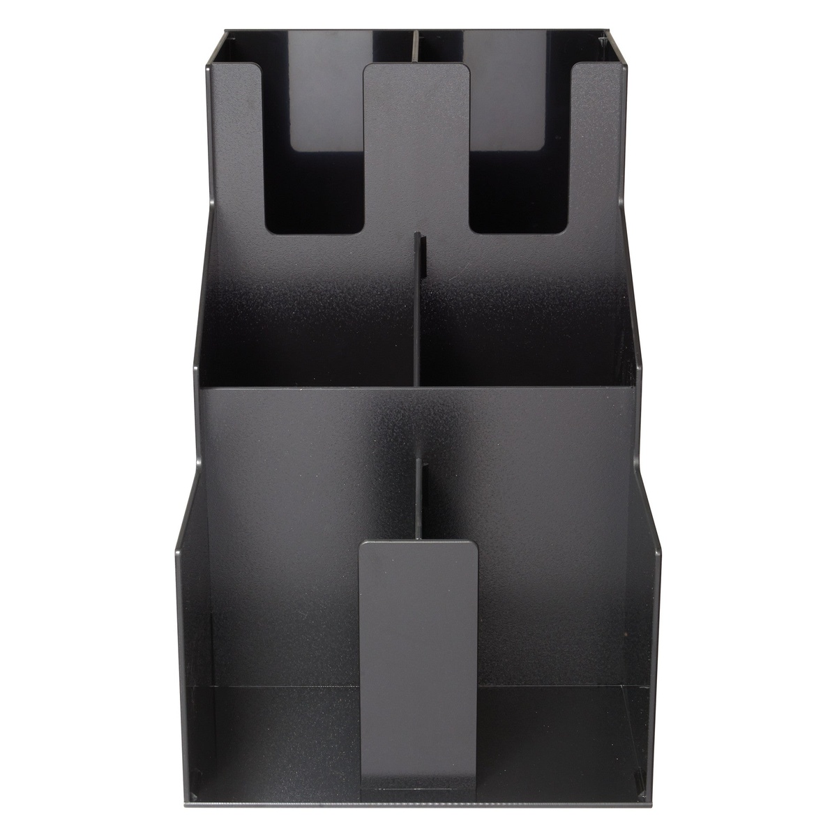 Front view of the empty Winco CLSO-2T black ABS plastic cup and lid organizer showing divider slots