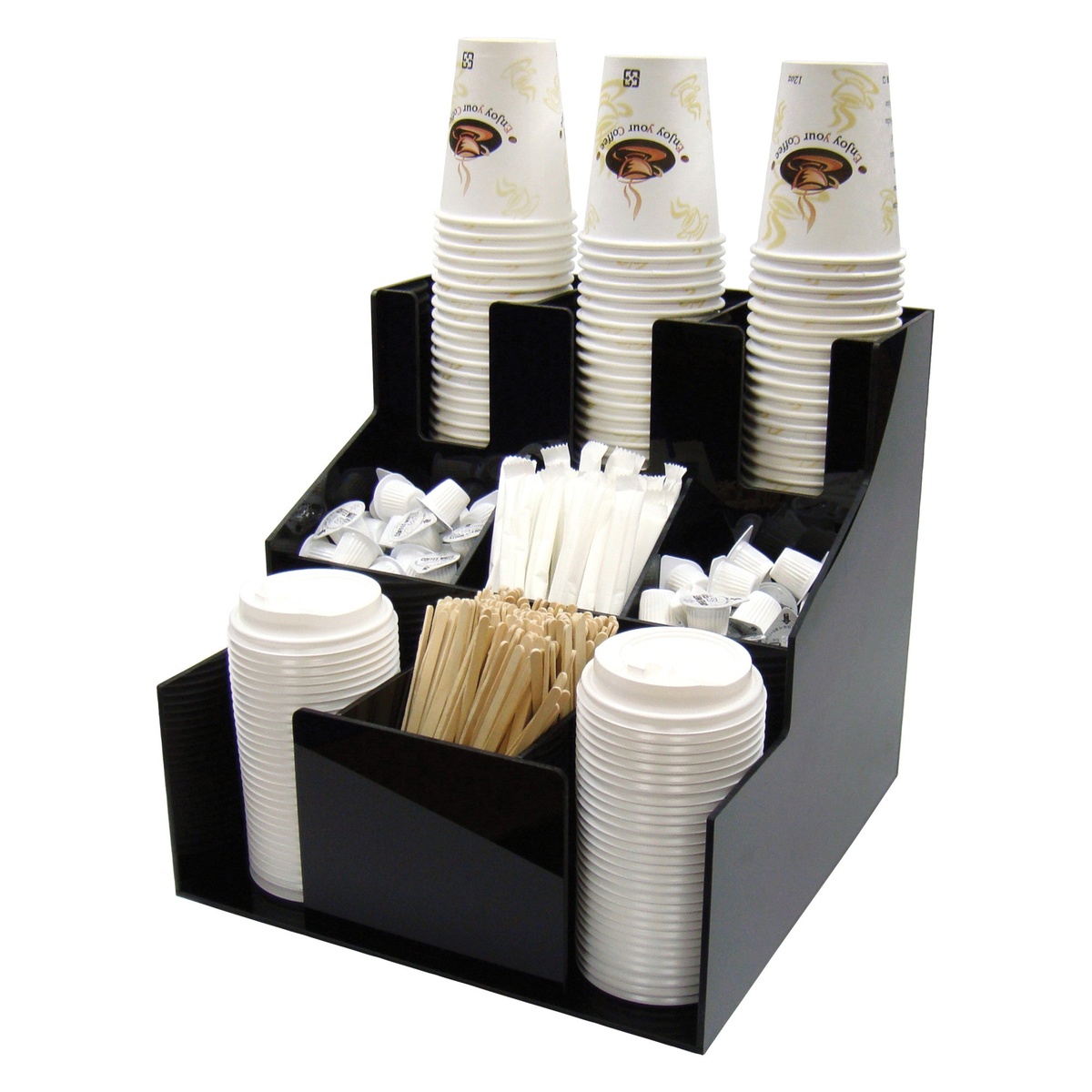 Winco CLSO-3T black 3-tier cup and lid organizer fully loaded with paper cups, lids, stirrers, and condiment packets