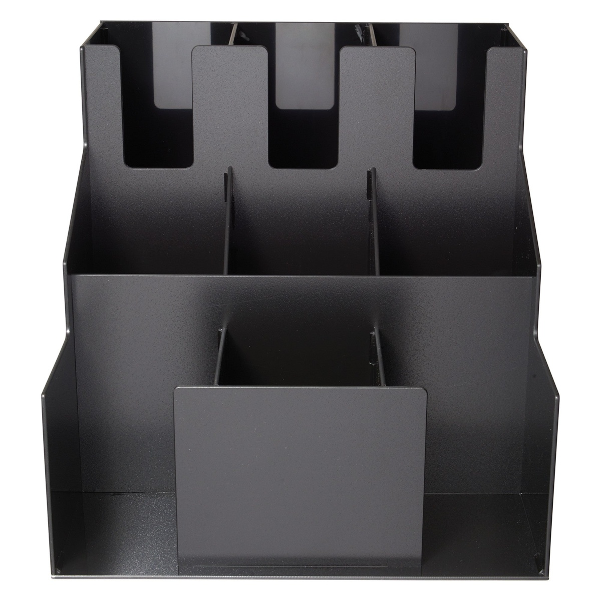 Empty Winco CLSO-3T black ABS plastic cup and lid organizer, front view showing all 9 divided compartments