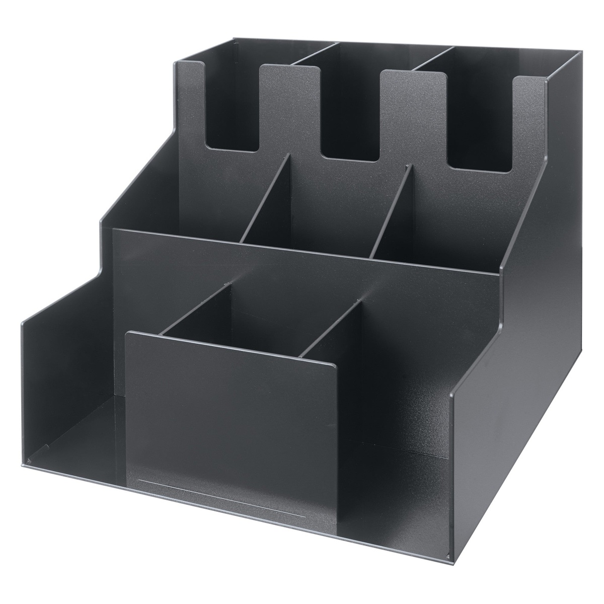 Empty Winco CLSO-3T black cup and lid organizer, angled 3/4 view showing stepped tier structure and divider compartments