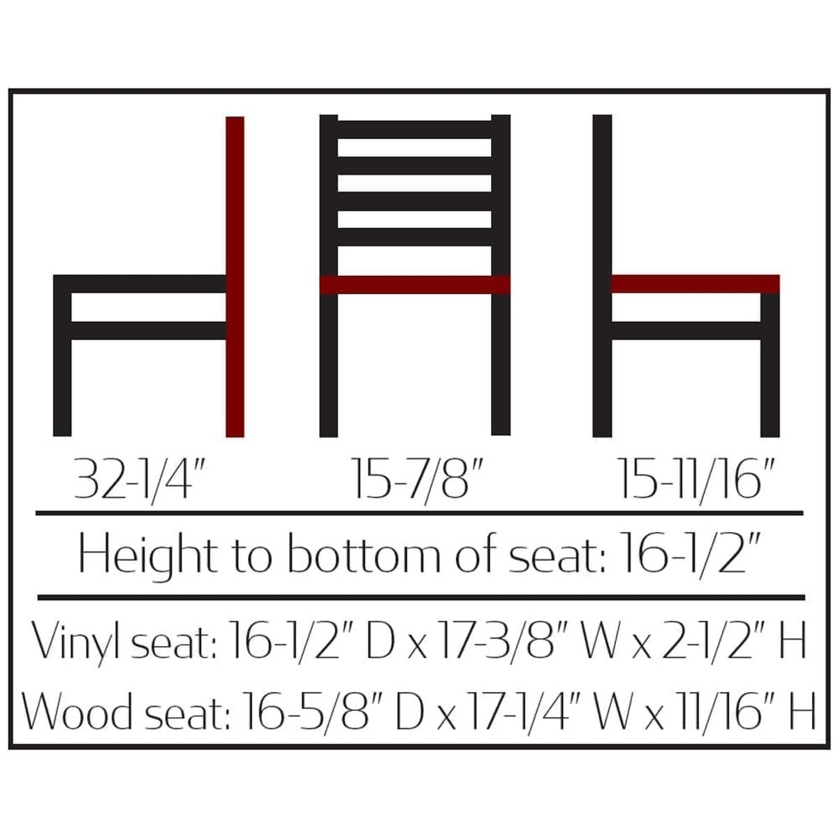 CM-234 chair dimension diagram showing overall height 32-1/4 inches, back height 15-7/8 inches, back width 15-11/16 inches, and seat height 16-1/2 inches