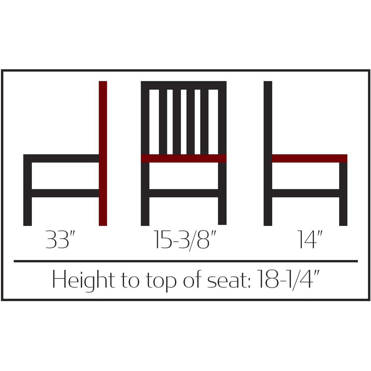 CM-252-ALM dimension diagram showing 33 inch height, 15-3/8 inch width, 14 inch depth, and 18-1/4 inch seat height