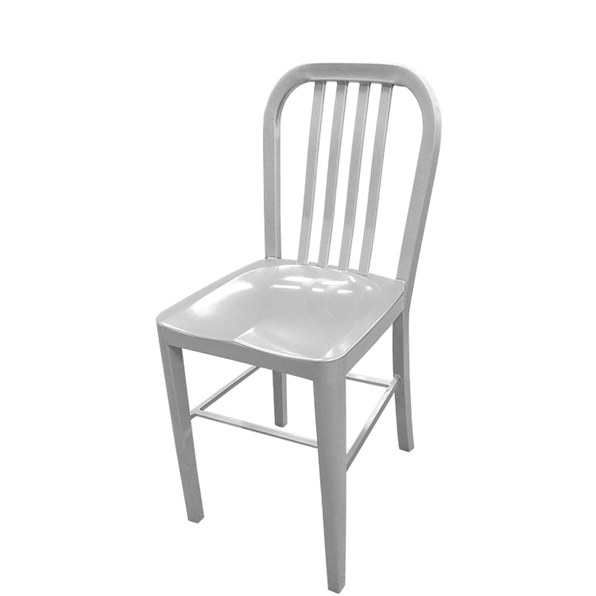 Oak Street CM-252-ALM Navy Series brushed aluminum dining chair with vertical slat back and metal seat