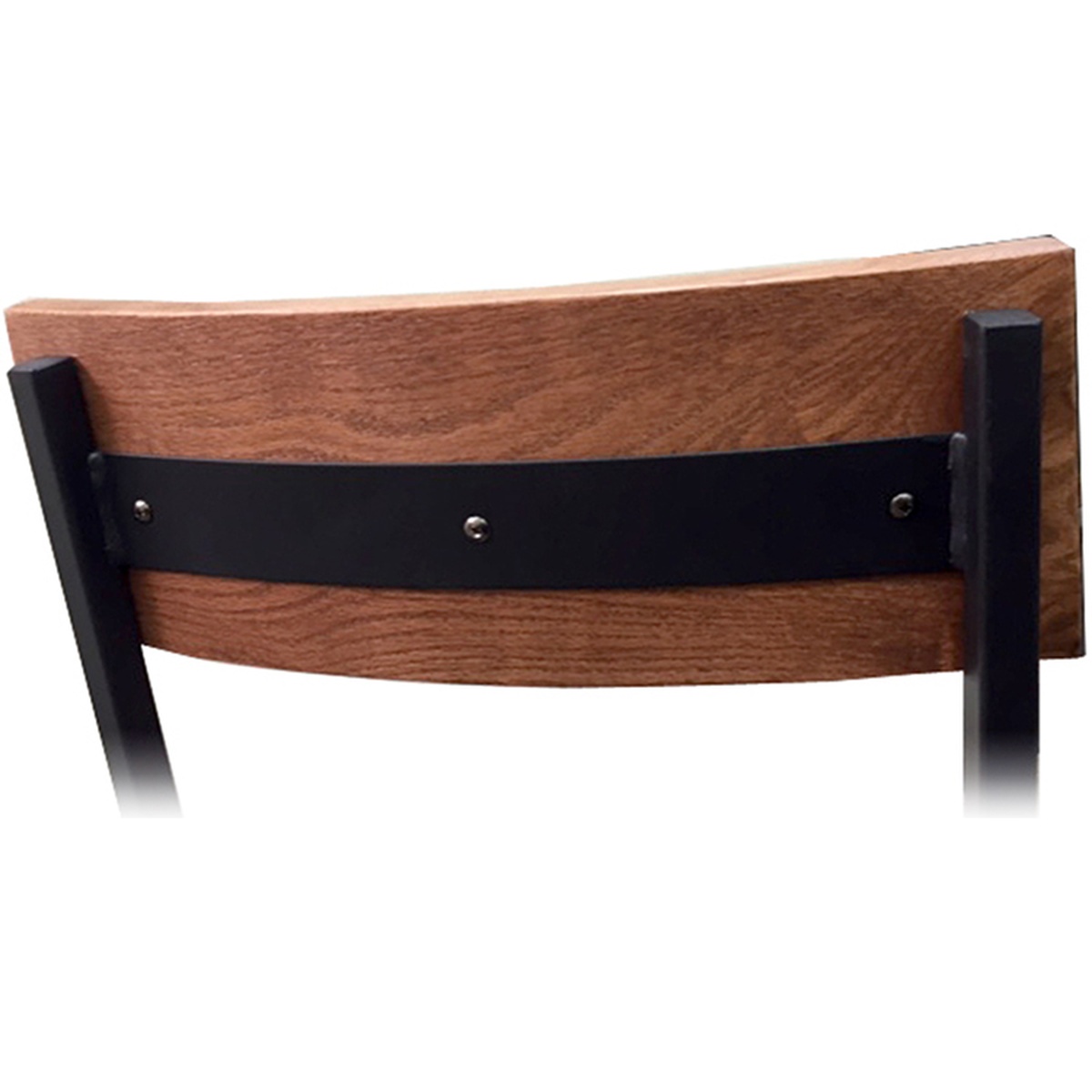 Close-up of the Timber 2.0 Chair's distressed wood back panel with black steel support brace and frame