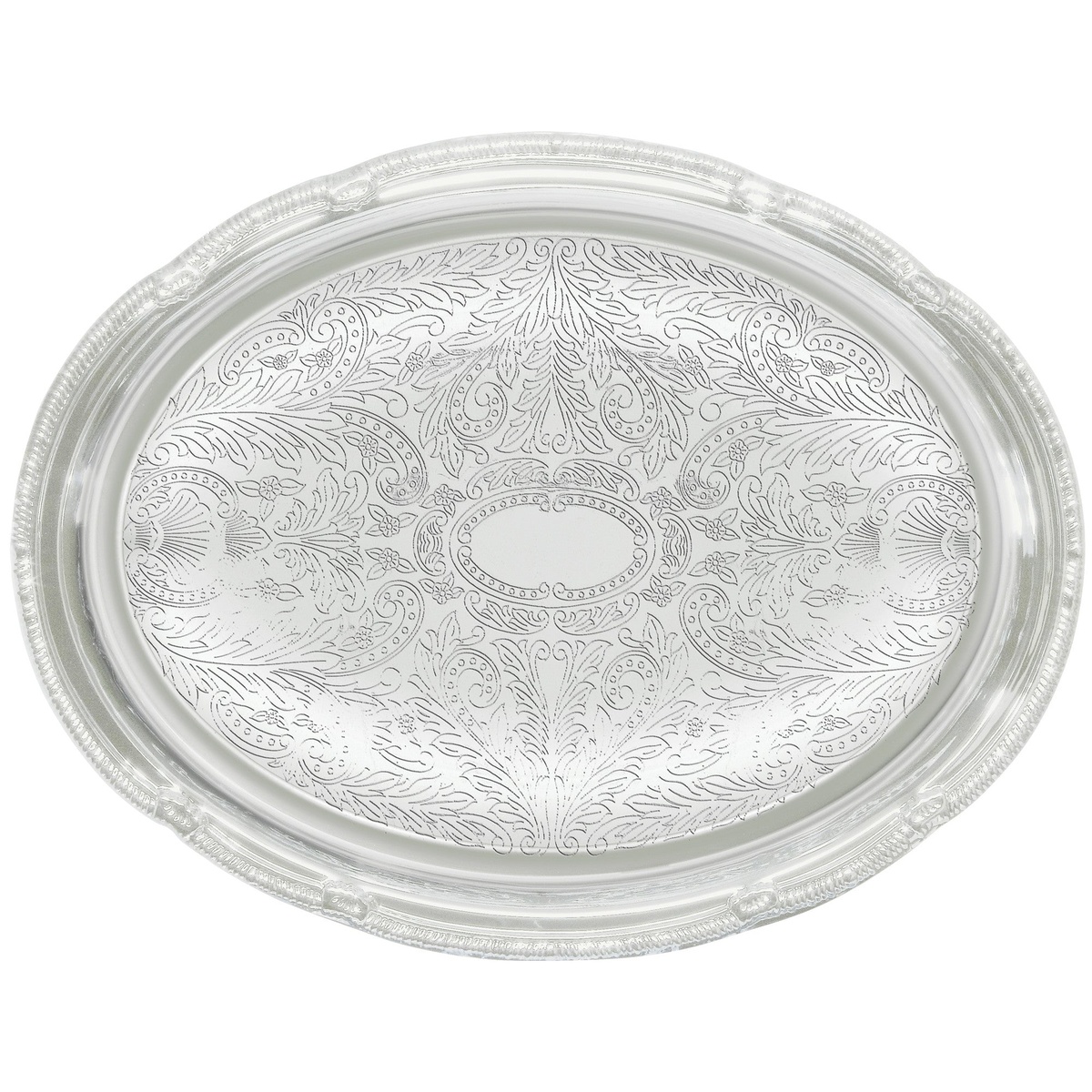 Winco CMT-1014 oval chrome-plated serving tray with traditional engraving and gadroon edge, top-down view on white background