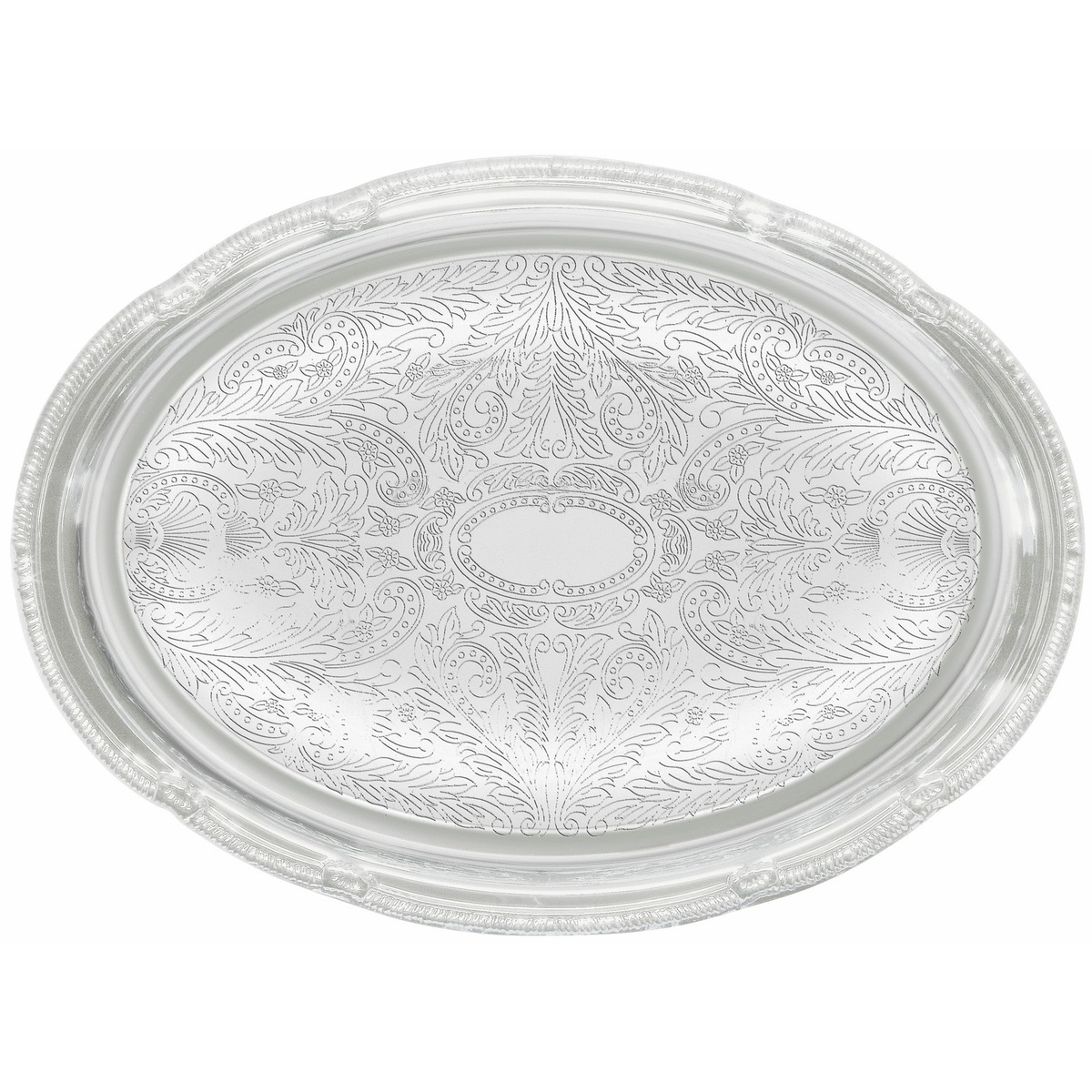 Winco CMT-1318 oval chrome-plated serving tray with gadroon edge and traditional floral engraving