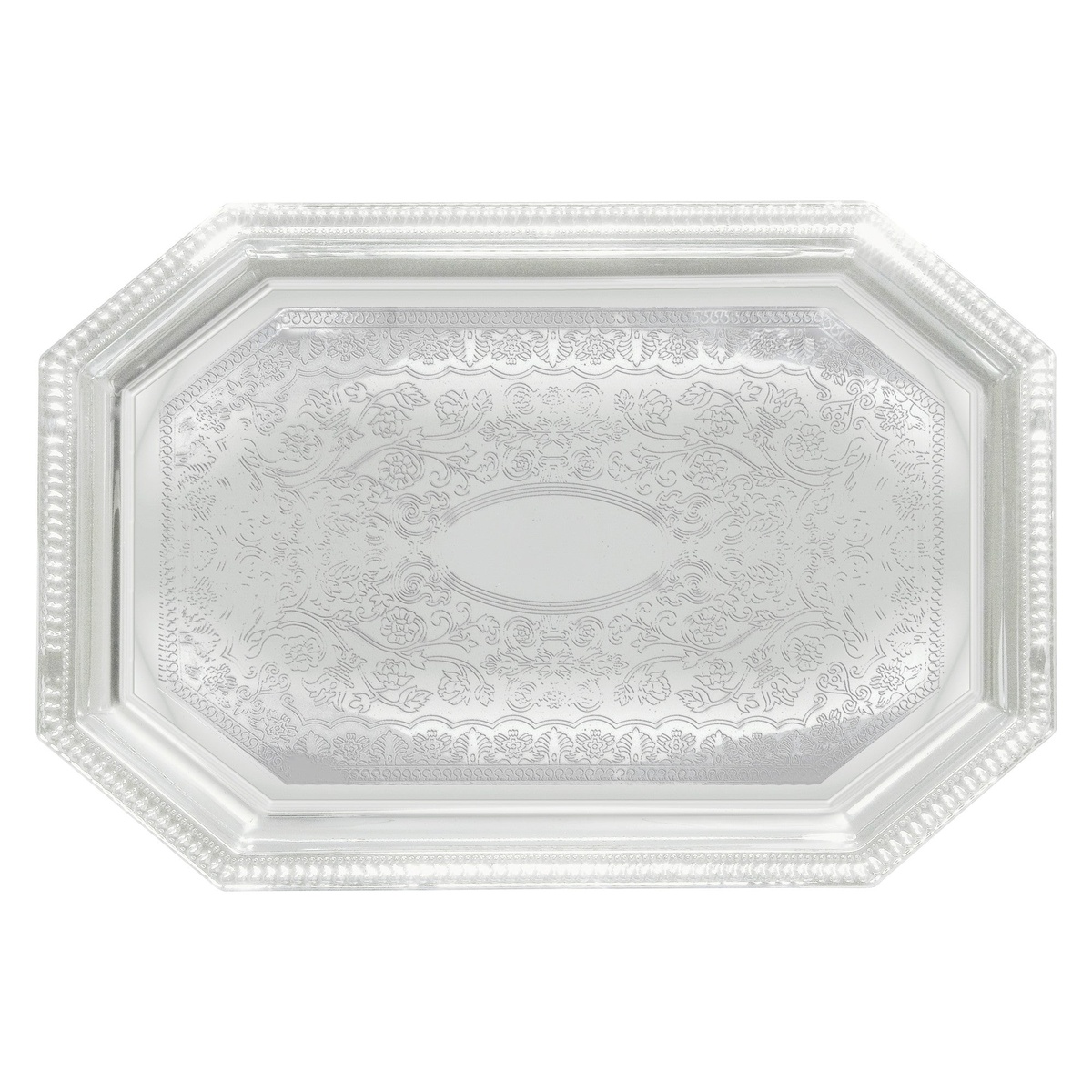Winco CMT-1420 octagonal chrome-plated serving tray with gadroon edge and traditional floral engraving, top-down view on white background