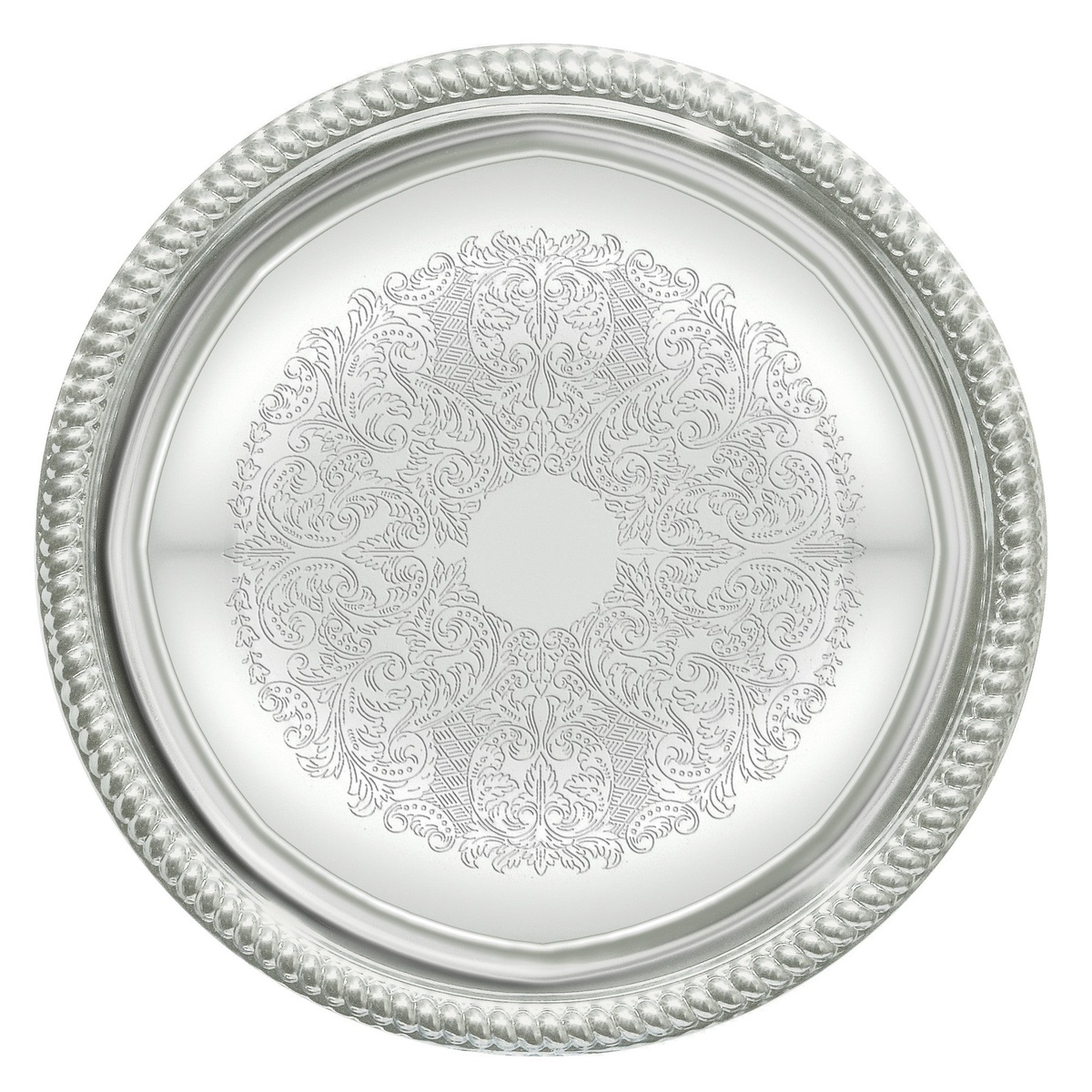 Winco CMT-14 14-inch round chrome-plated serving tray with gadroon edge and traditional floral engraving, top-down view