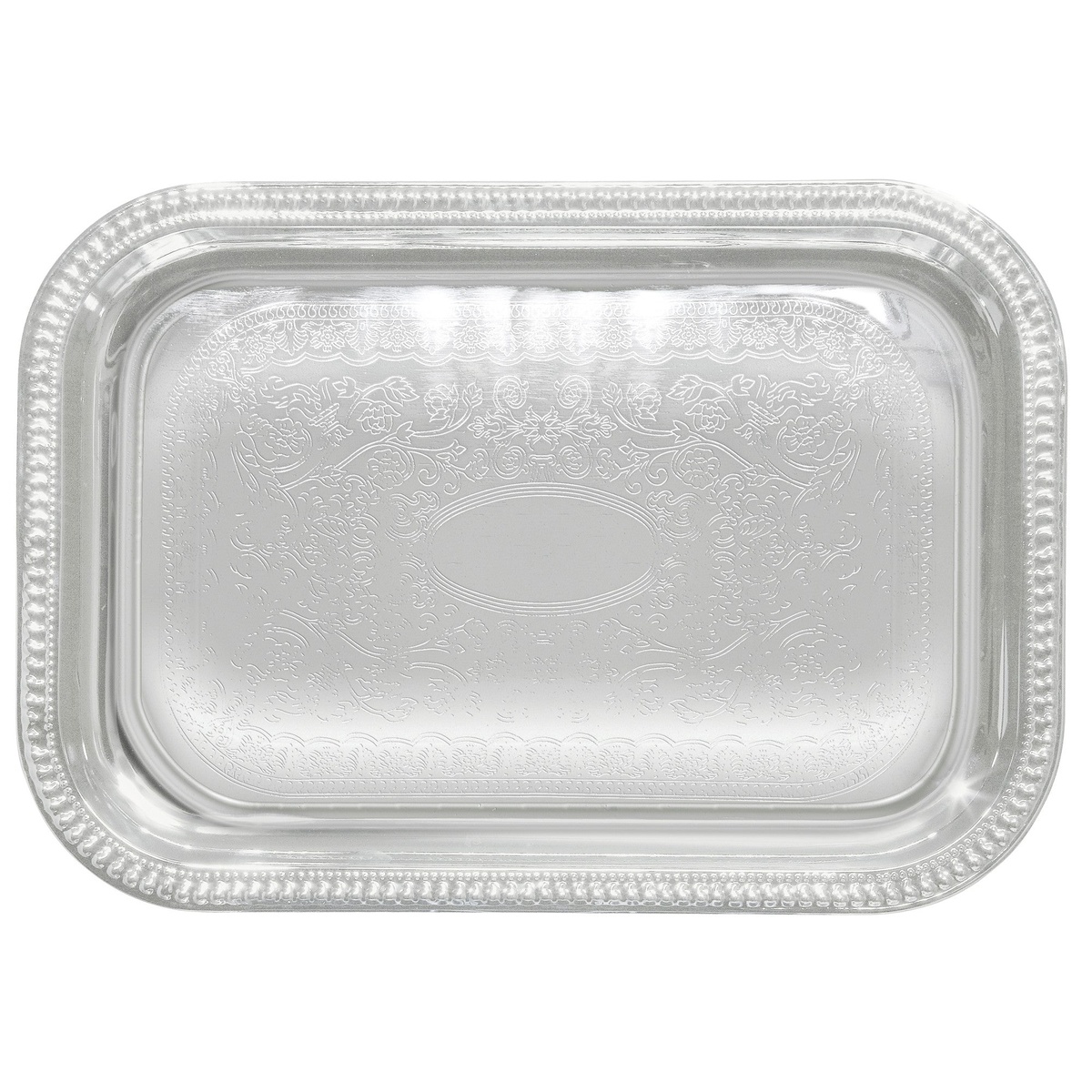 Winco CMT-1812 rectangular chrome-plated serving tray with gadroon edge and traditional engraved floral pattern