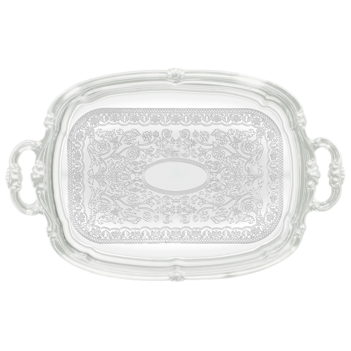 Winco CMT-1912 rectangular chrome-plated serving tray with gadroon edge, traditional engraving, and ornate handles, top-down view on white background