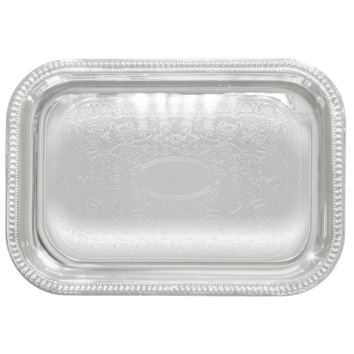 Winco CMT-2014 rectangular chrome-plated serving tray with gadroon edge and traditional floral engraving, top view
