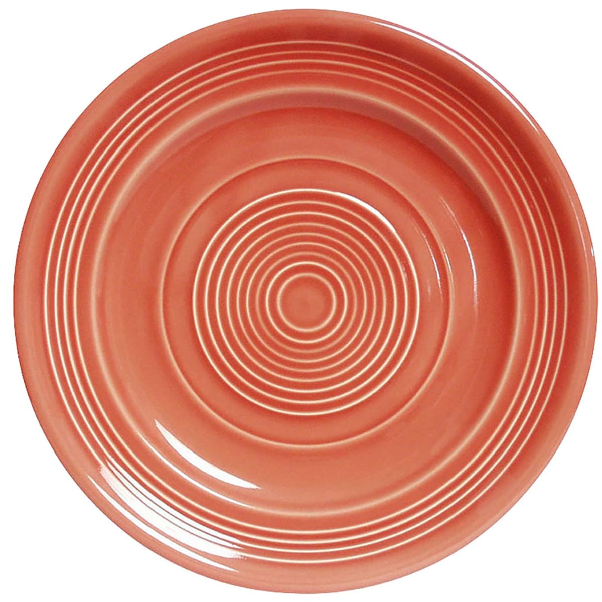 Tuxton CNA-120 12-inch round Concentrix Cinnebar ceramic plate with wide rim and concentric ring detail, top-down view on white background
