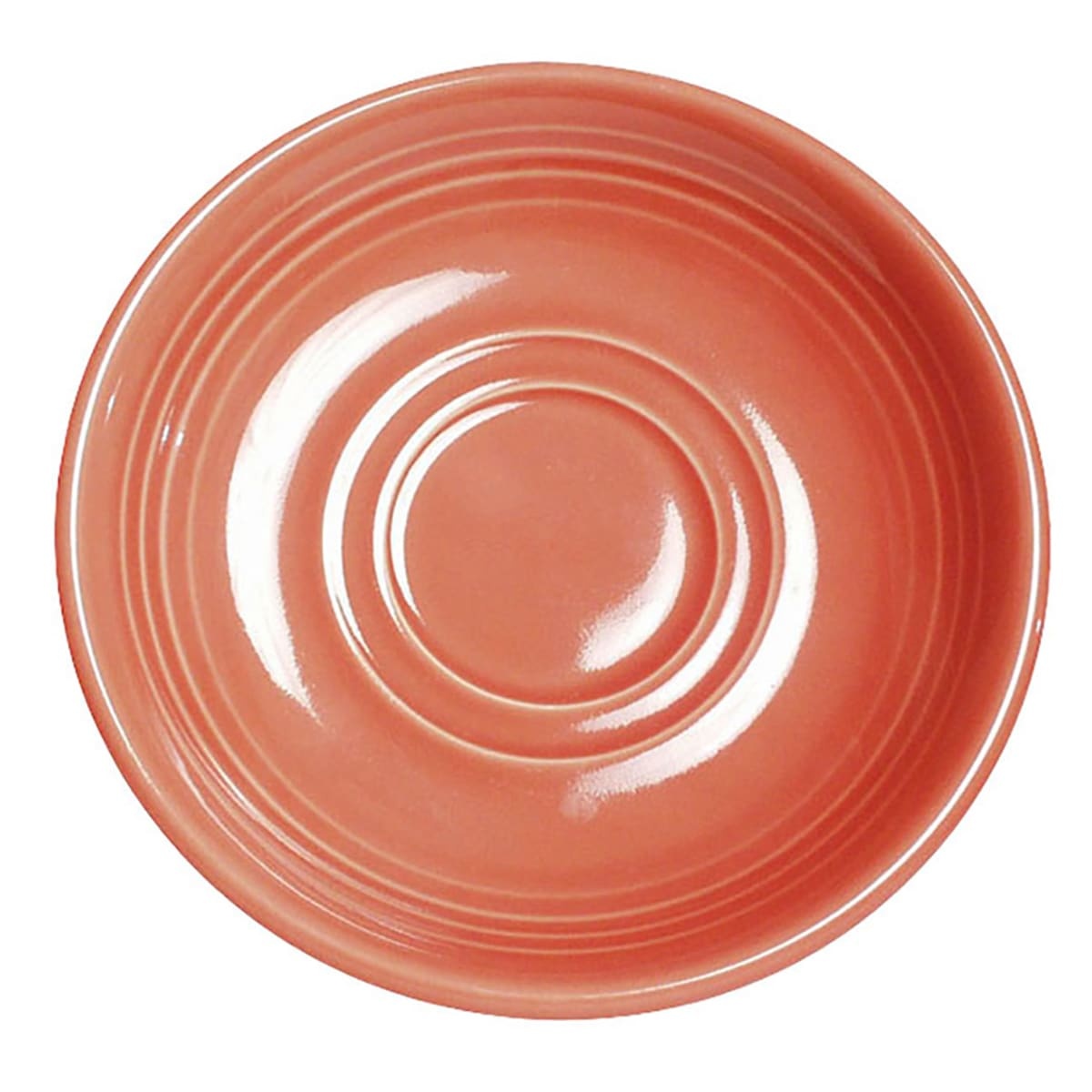 Tuxton CNE-060 6-inch round cinnebar red ceramic saucer with concentric ring detail, top view