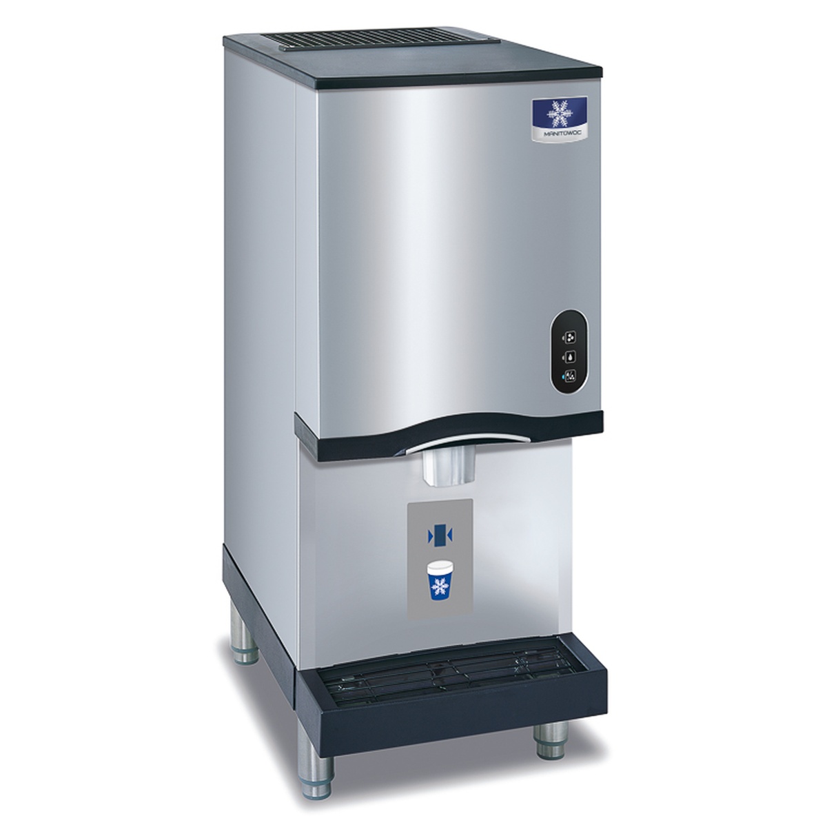 Manitowoc CNF0201A countertop nugget ice maker and dispenser, stainless steel, front view with dispensing chute and control buttons