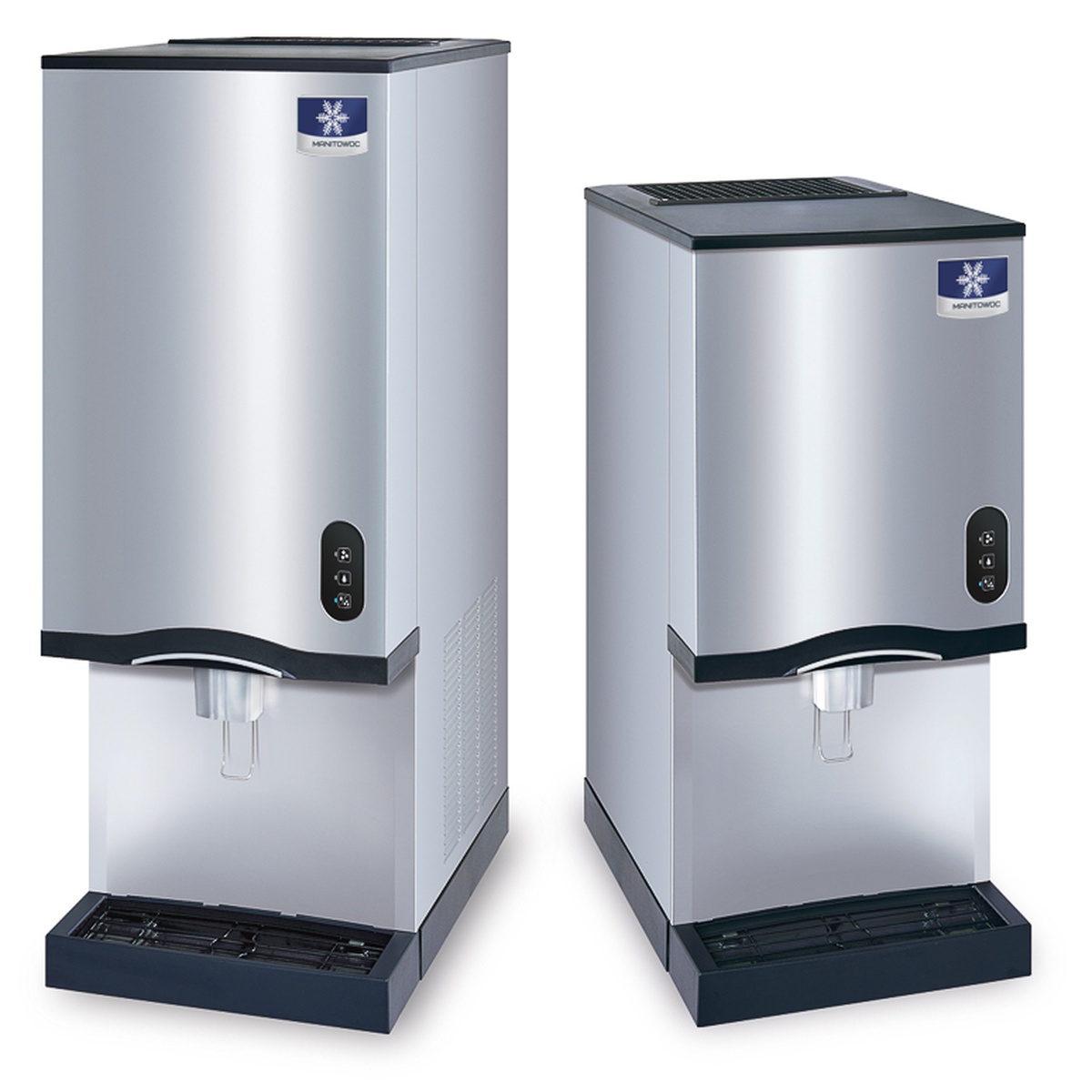 Two Manitowoc countertop nugget ice maker and dispenser units of different sizes displayed side by side