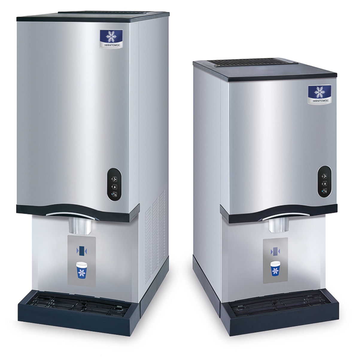 Manitowoc CNF0202 countertop nugget ice dispensers in two sizes shown side by side