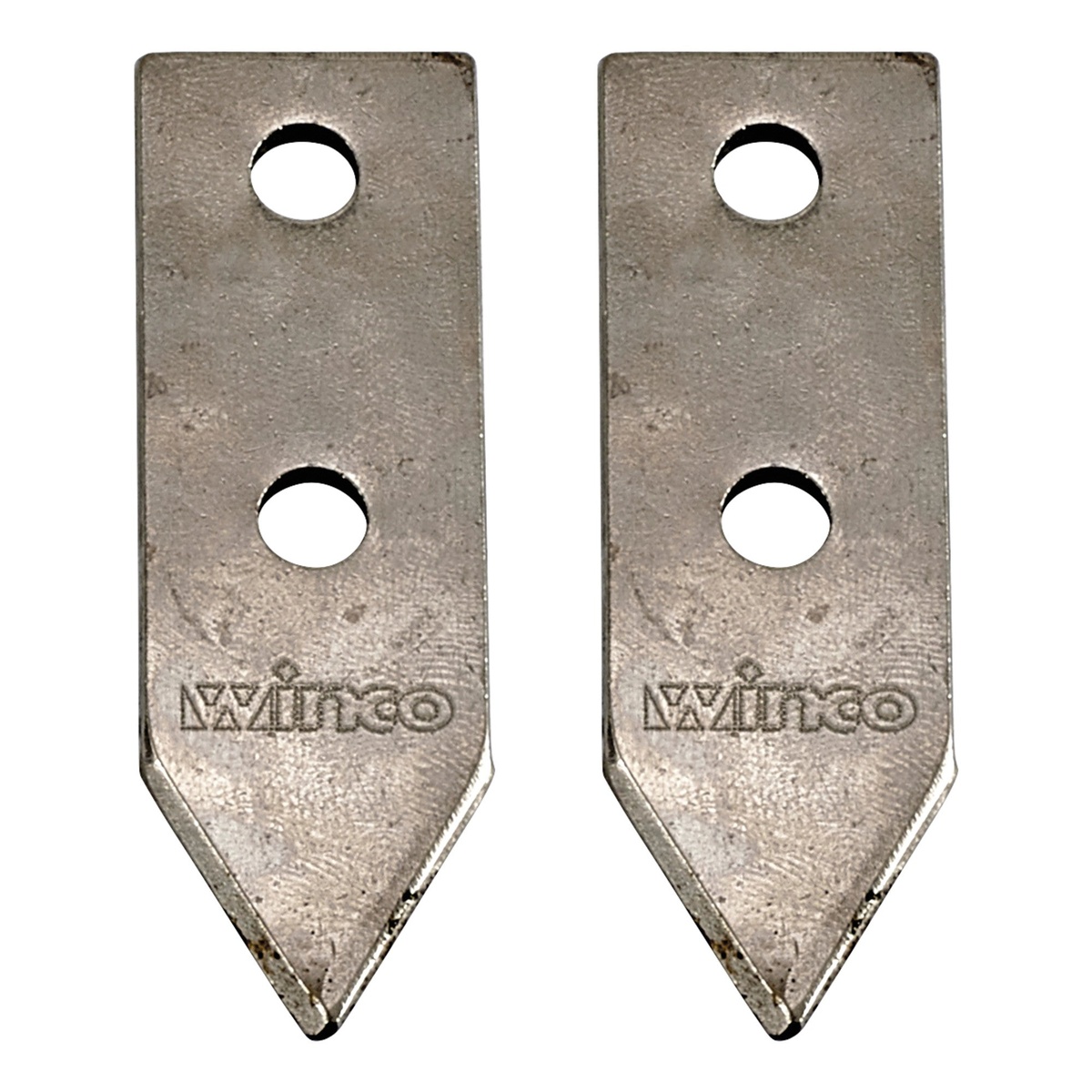 Two Winco CO-1B replacement can opener blades made of tempered steel alloy with nickel plating
