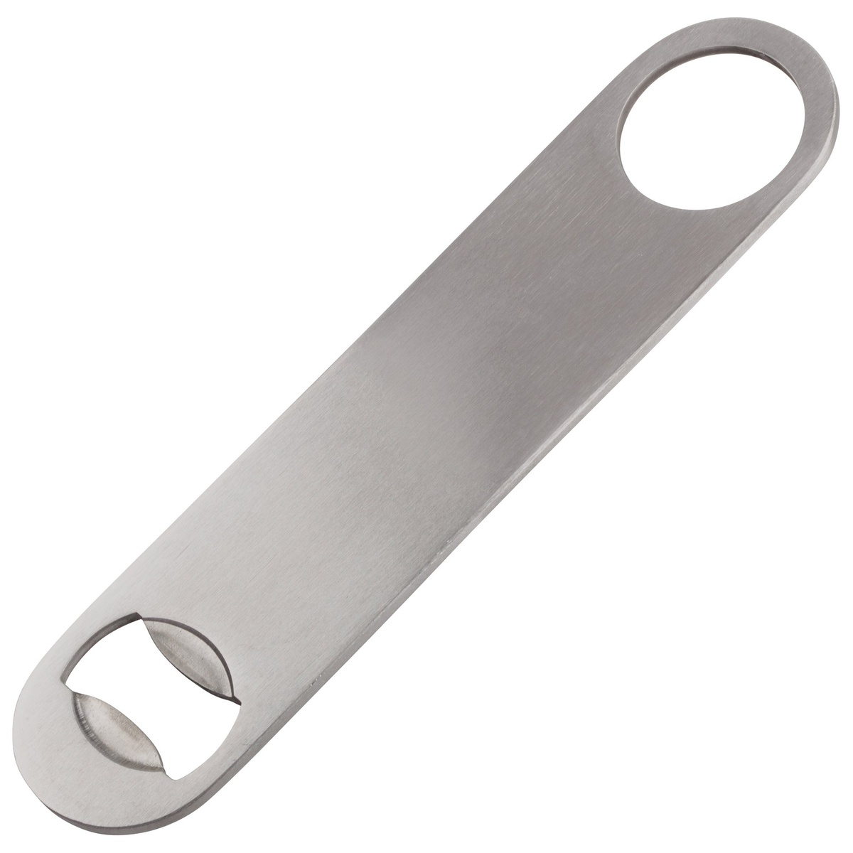 Winco CO-301 7-inch stainless steel flat bottle opener on white background