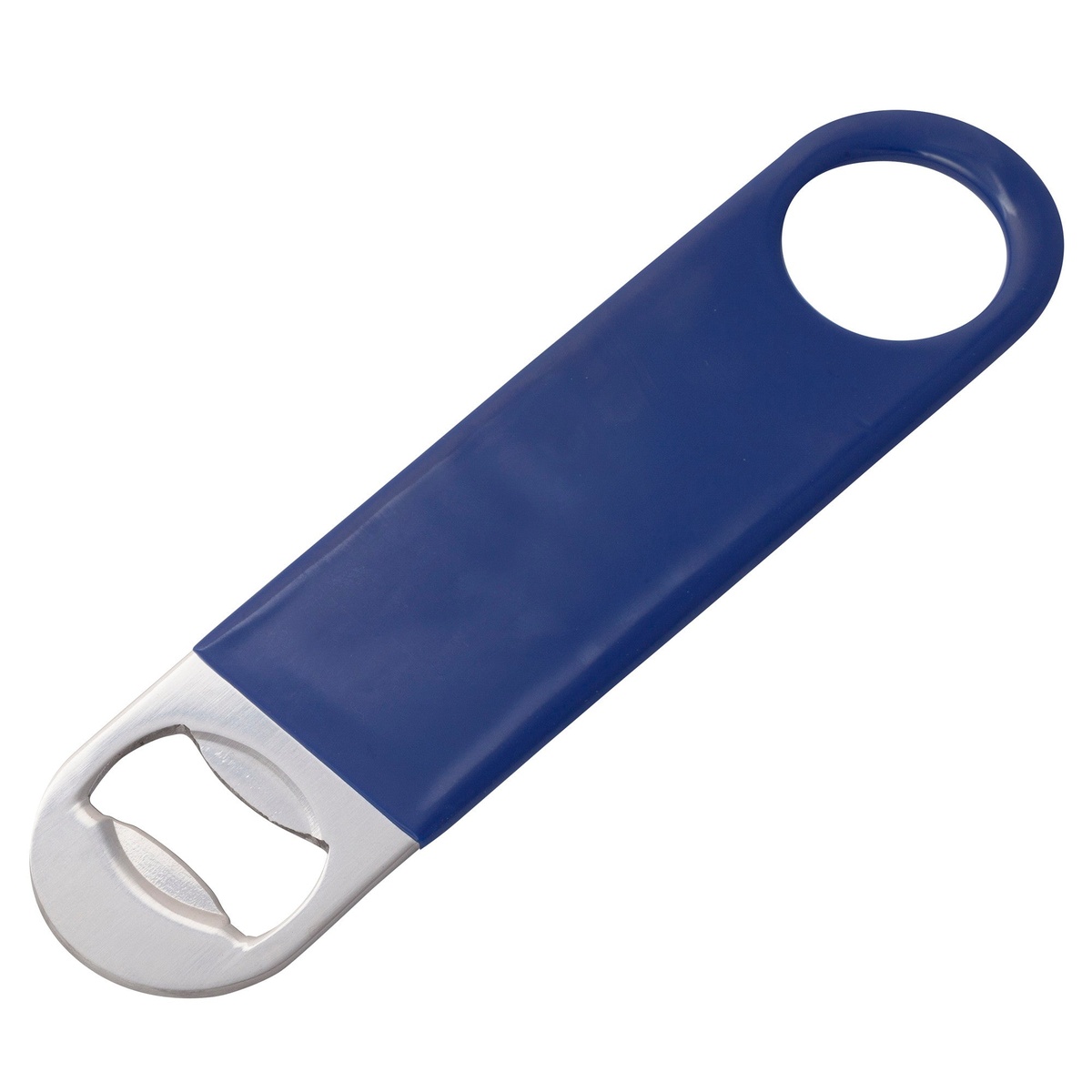 Winco CO-301PB 7-inch flat bottle opener with blue PVC-coated handle and stainless steel opening end