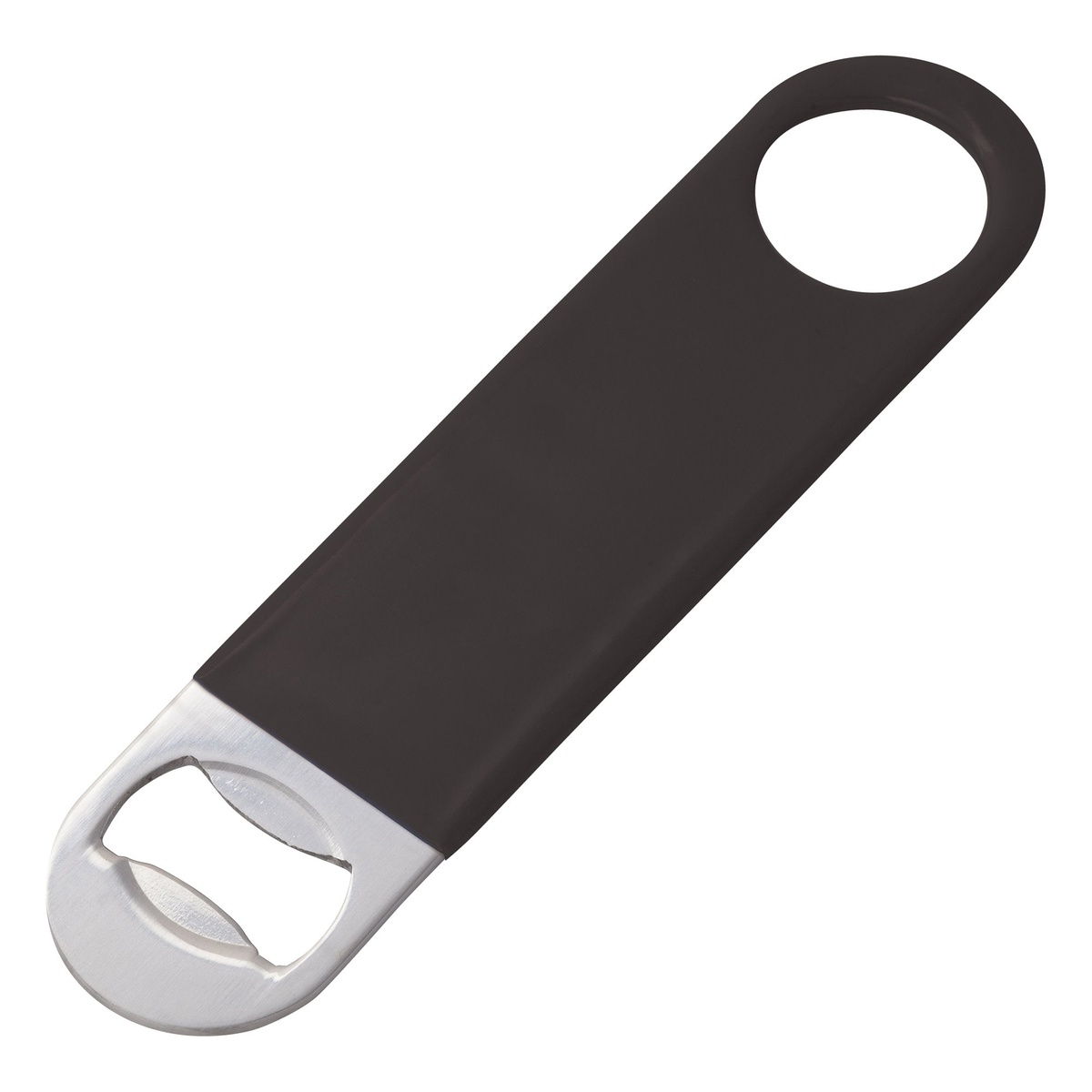Winco CO-301PK flat stainless steel bottle opener with black PVC coating, thumb hole, and cap-removal letterbox cut