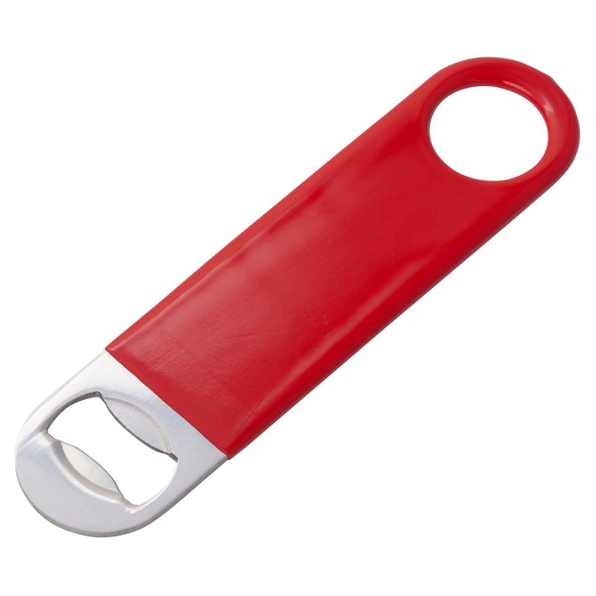 Winco CO-301PR flat bottle opener with red PVC coating, thumb hole at top and letterbox cap-removing cut at the bottom