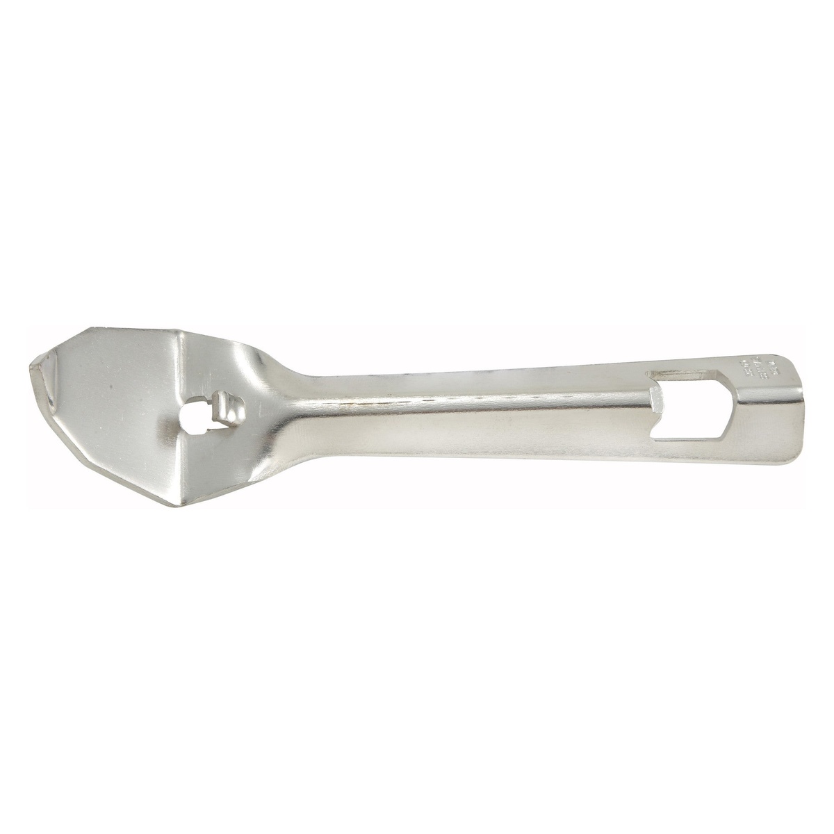 Winco CO-302 7-inch stainless steel can tapper and bottle opener on white background