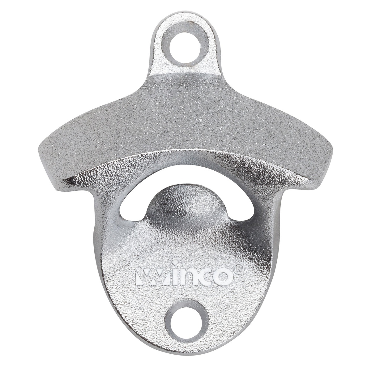 Winco CO-402 wall mount bottle opener front view showing mounting holes and opener slot