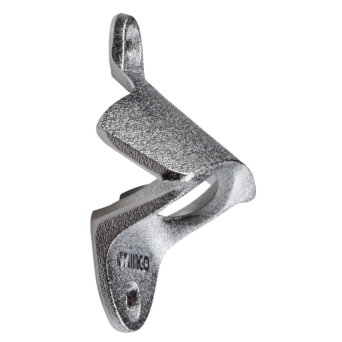 Winco CO-402 wall mount bottle opener angled side view showing profile and opener hook detail