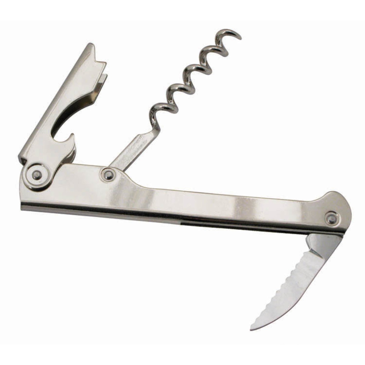 Winco CO-711 stainless steel waiter's corkscrew fully open showing spiral worm, bottle cap opener, and serrated foil cutter blade