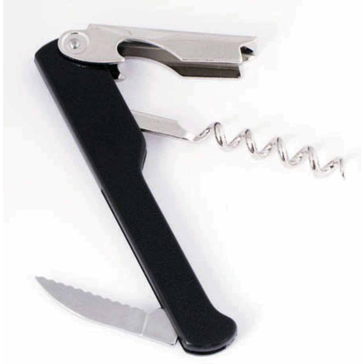 Winco CO-712 black waiter's corkscrew fully open showing stainless steel spiral worm, foil knife, and bottle cap lifter