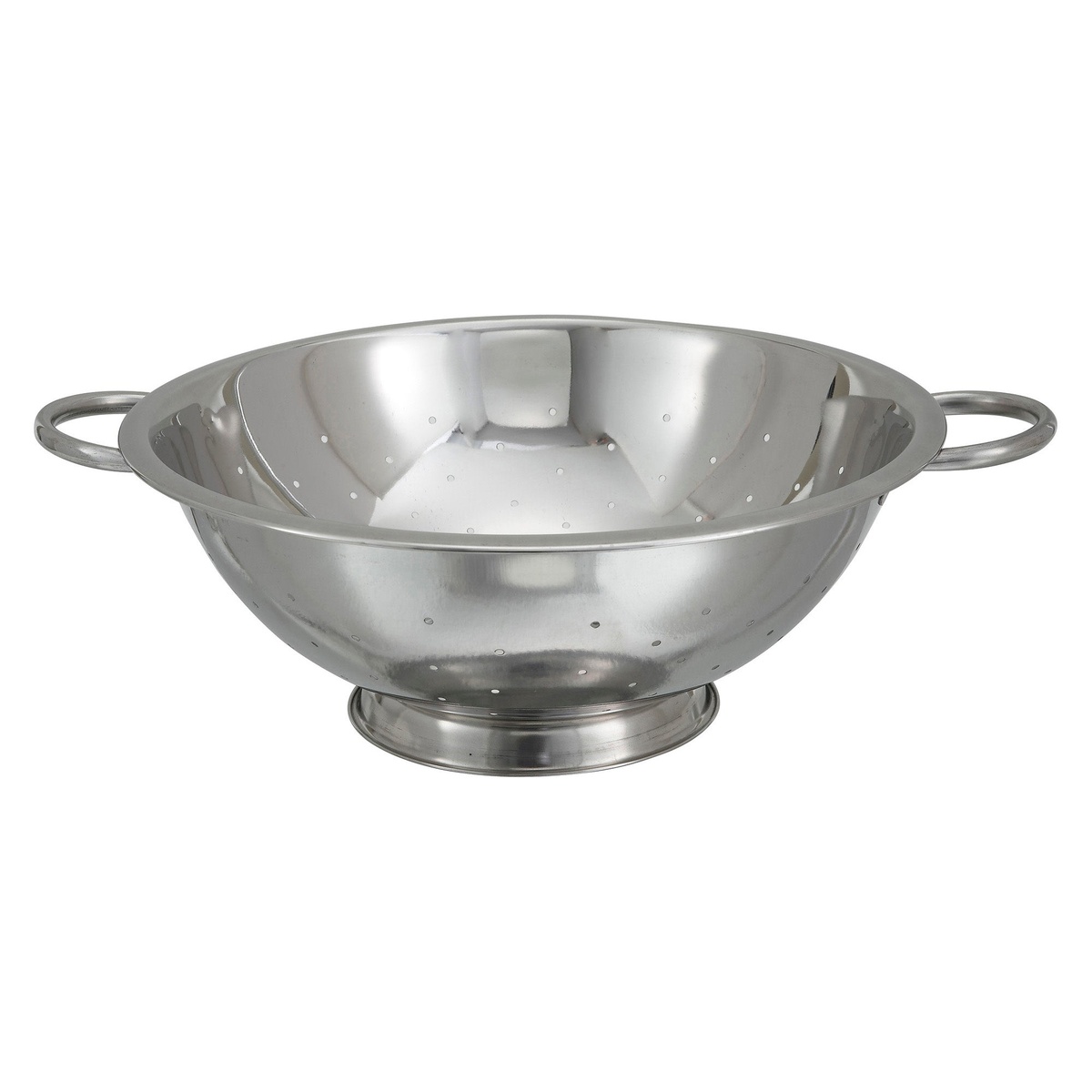 Winco COD-14 14-quart stainless steel colander with tapered sides, riveted handles, and footed base