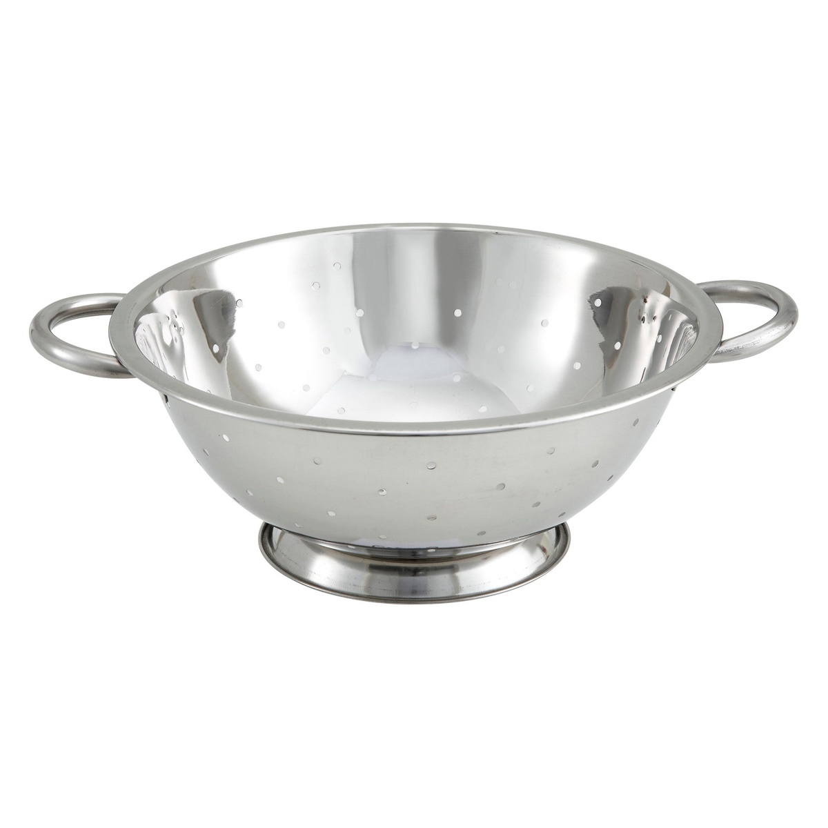 Winco COD-3 3-quart stainless steel colander with ring handles and footed base on white background