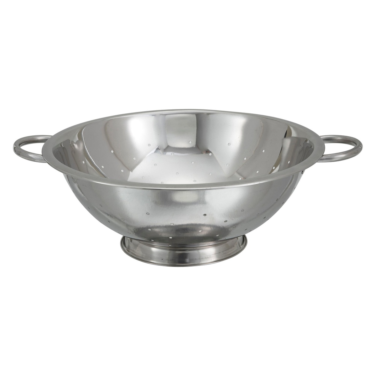 Winco COD-8 stainless steel colander with footed base and dual side handles, front view