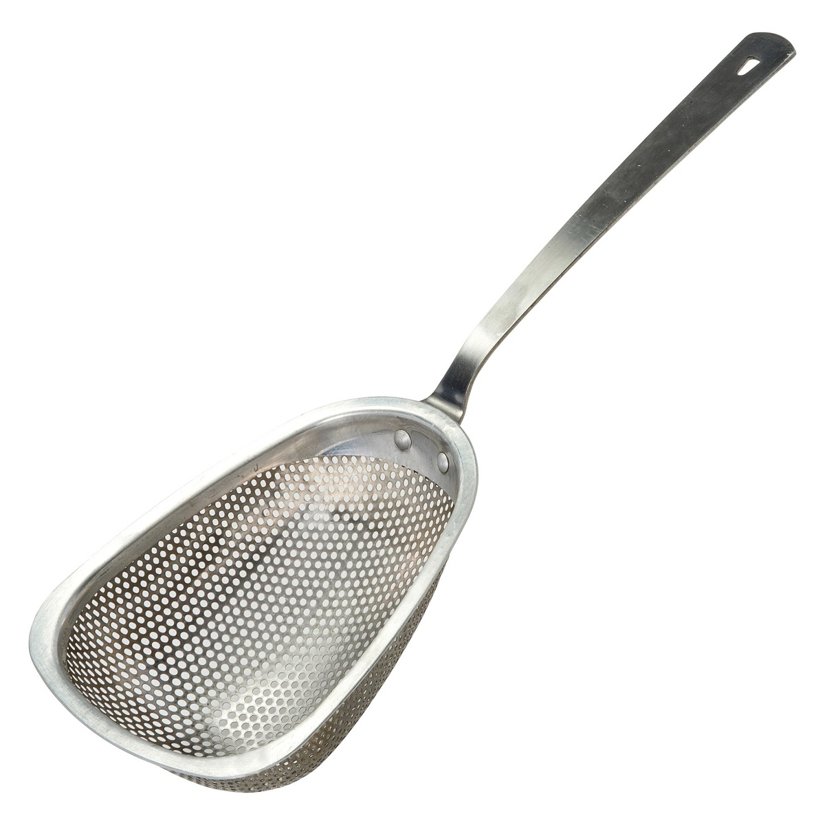 Winco CODS-7 stainless steel scoop colander with perforated bowl and flat long handle with hanging hole