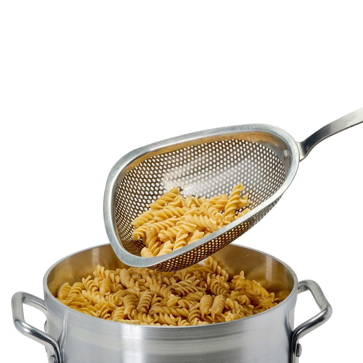 Winco CODS-7 scoop colander scooping cooked rotini pasta over a large stainless steel pot