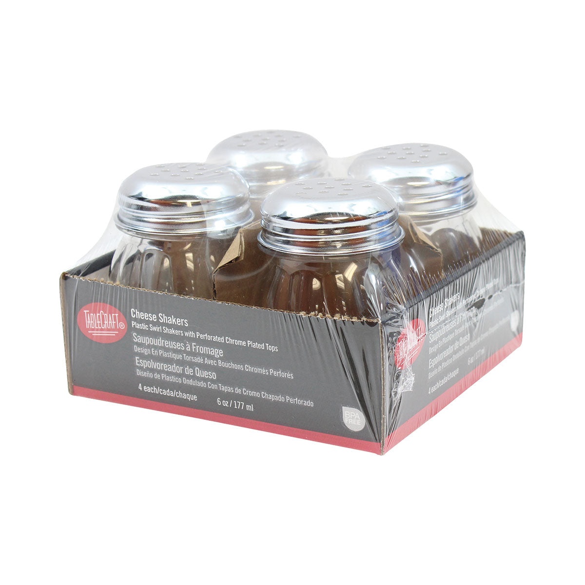 TableCraft CP260-4 four swirl polycarbonate cheese shakers with chrome-plated perforated tops in retail display packaging