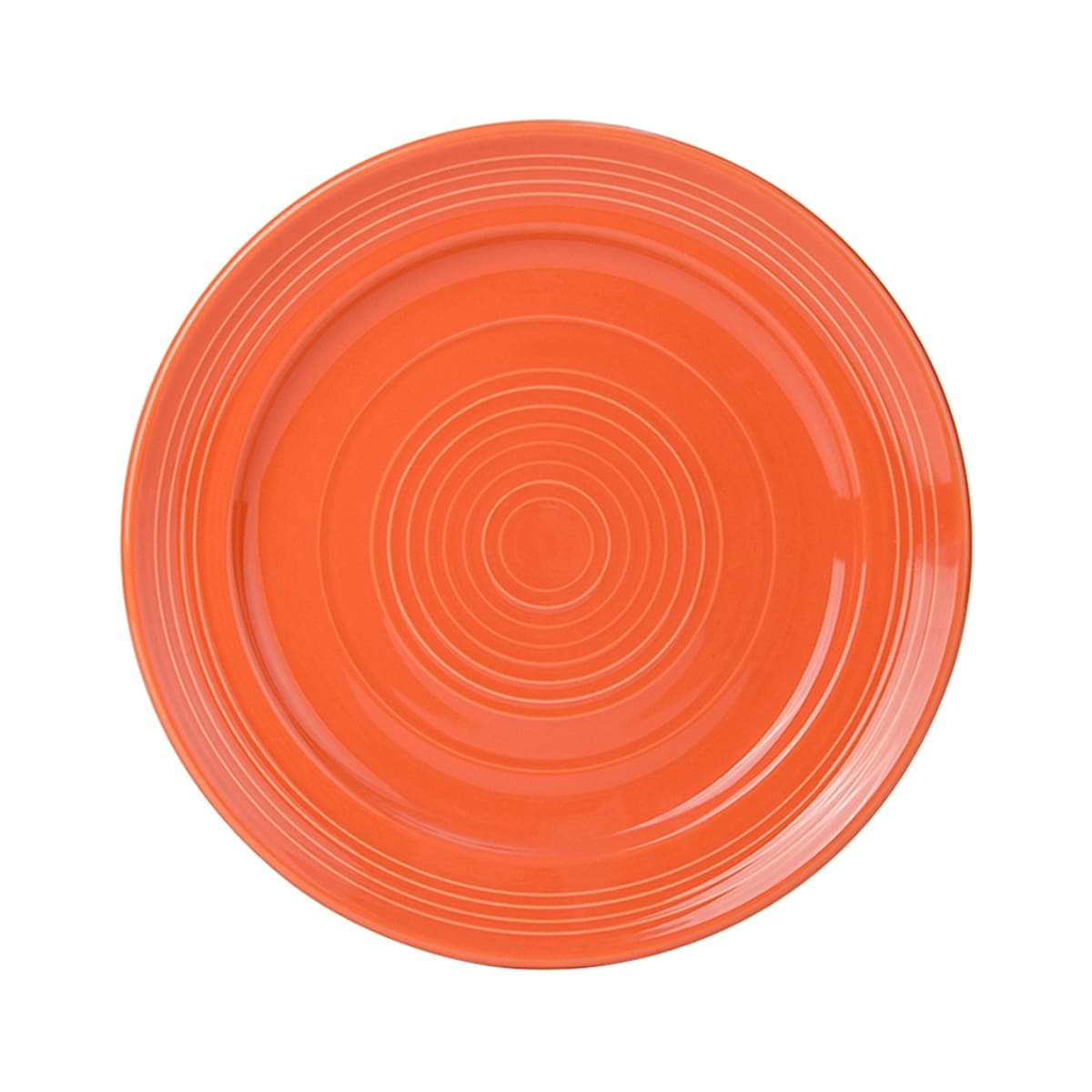 Tuxton CPA-104 Concentrix 10-1/2 inch round papaya orange dinner plate with concentric ridge detailing and wide rim, top-down view