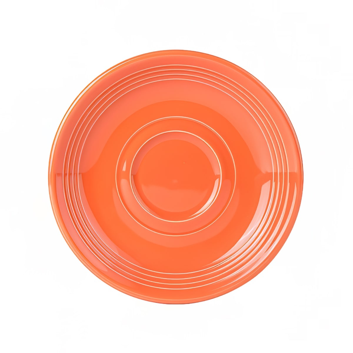 Tuxton CPE-060 6-inch round papaya orange ceramic saucer with concentric ring detail, top-down view